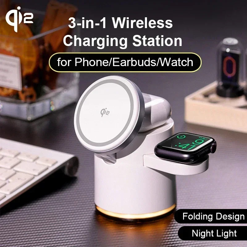 Ultimate 4-in-1 Qi2 Wireless Charger Dock with Night Light for MagSafe iPhone 16/15/14 Pro Max, AirPods Pro 2-8, and Apple Watch